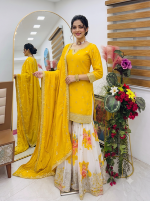 Festive yellow heavy embroidery kurta floral sharara set with border dupatta 1