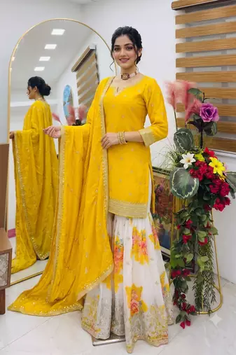 Festive yellow heavy embroidery kurta floral sharara set with border dupatta