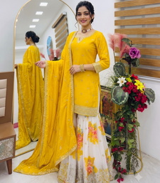 Festive yellow heavy embroidery kurta floral sharara set with border dupatta