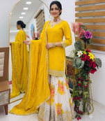 Festive yellow heavy embroidery kurta floral sharara set with border dupatta