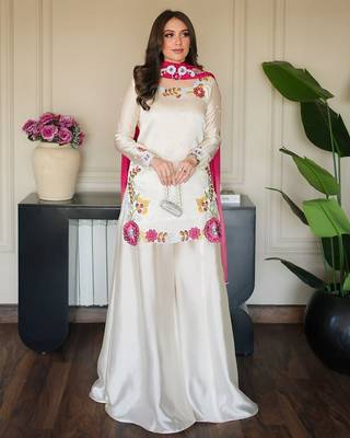 Women's Gorgeous Embroidery Work Roman Glass Silk Fabric Straight Kurta Sharara and Dupatta Set 1