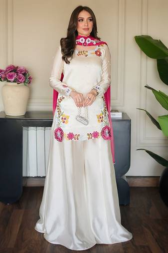 Women's Gorgeous Embroidery Work Roman Glass Silk Fabric Straight Kurta Sharara and Dupatta Set