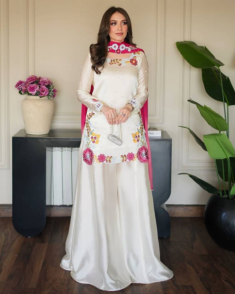 Women's Gorgeous Embroidery Work Roman Glass Silk Fabric Straight Kurta Sharara and Dupatta Set