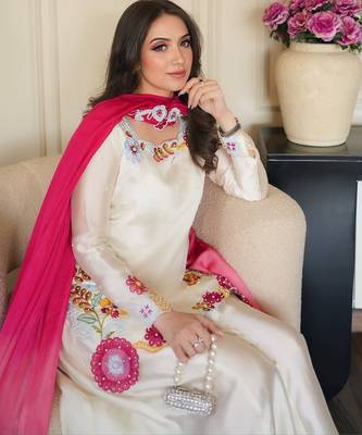 Women's Gorgeous Embroidery Work Roman Glass Silk Fabric Straight Kurta Sharara and Dupatta Set 2