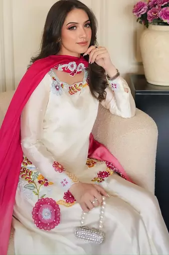 Women's Gorgeous Embroidery Work Roman Glass Silk Fabric Straight Kurta Sharara and Dupatta Set