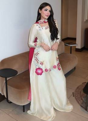 Women's Gorgeous Embroidery Work Roman Glass Silk Fabric Straight Kurta Sharara and Dupatta Set 3