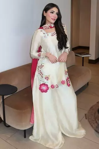 Women's Gorgeous Embroidery Work Roman Glass Silk Fabric Straight Kurta Sharara and Dupatta Set