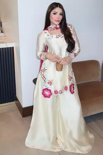 Women's Gorgeous Embroidery Work Roman Glass Silk Fabric Straight Kurta Sharara and Dupatta Set