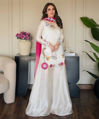 Women's Gorgeous Embroidery Work Roman Glass Silk Fabric Straight Kurta Sharara and Dupatta Set 6