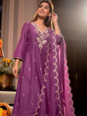 Women Ethnic Motifs Embroidered Regular Thread Work Chanderi Silk Kurta with Trousers & With Dupatta 4