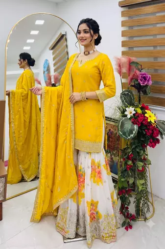 Festive yellow heavy embroidery kurta floral sharara set with border dupatta