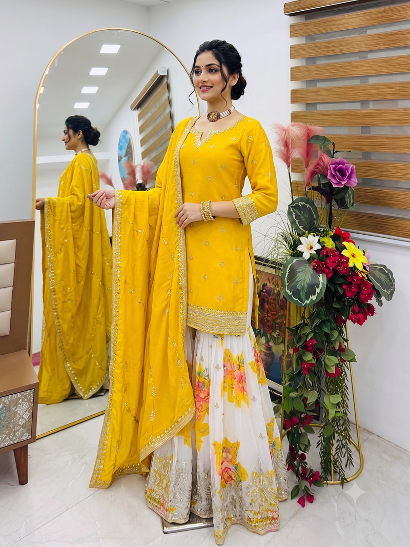 Festive yellow heavy embroidery kurta floral sharara set with border dupatta