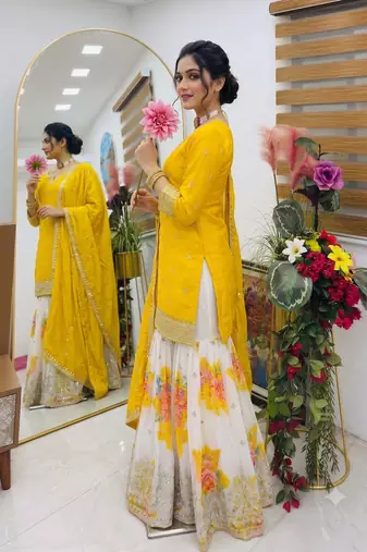 Festive yellow heavy embroidery kurta floral sharara set with border dupatta