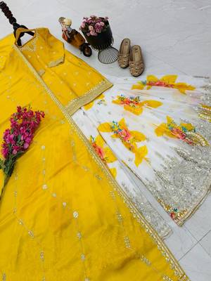 Festive yellow heavy embroidery kurta floral sharara set with border dupatta 4
