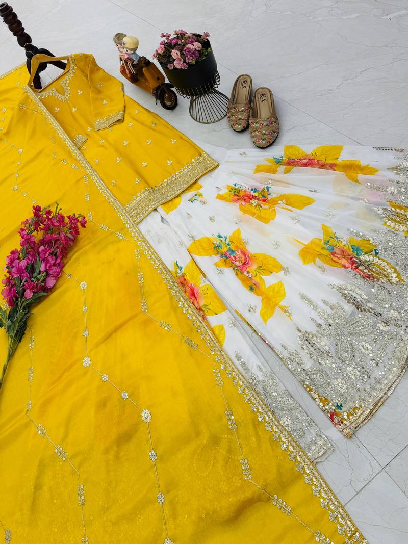 Festive yellow heavy embroidery kurta floral sharara set with border dupatta