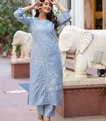 Women Floral Embroidered Regular Thread Work Pure Cotton Kurta with Trousers