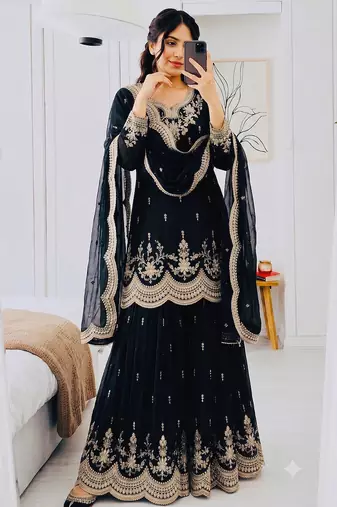 Designer short kurti & sharara set with scallop dupatta