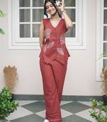 Elegance in Rust: Hand-Embroidered Floral Linen Co-Ord Set
