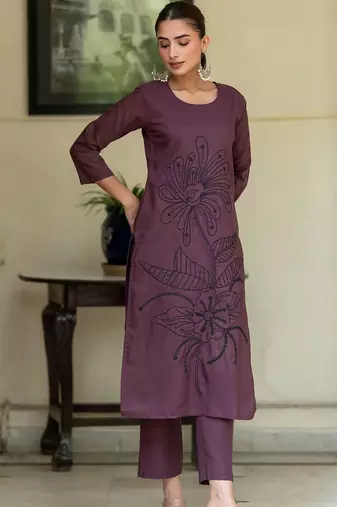 Women Floral Embroidered Regular Thread Work Pure Cotton Kurta with Trousers