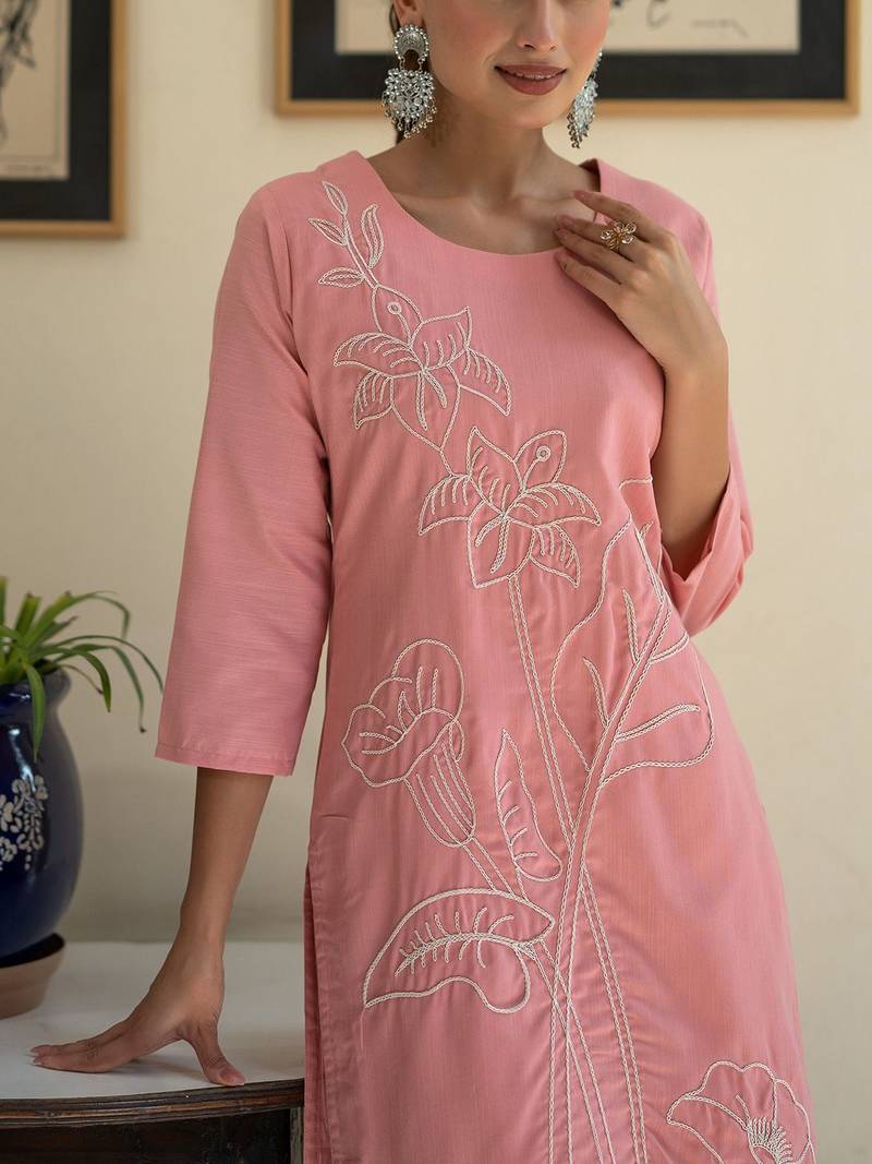 Women Floral Embroidered Regular Thread Work Pure Cotton Kurta with Trousers