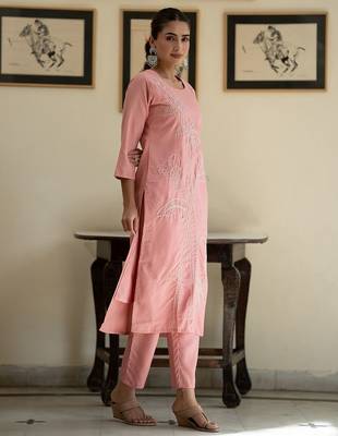 Women Floral Embroidered Regular Thread Work Pure Cotton Kurta with Trousers 3