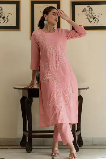Women Floral Embroidered Regular Thread Work Pure Cotton Kurta with Trousers