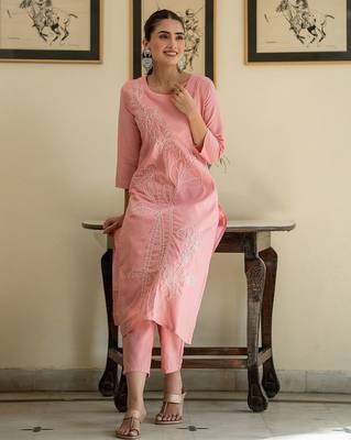 Women Floral Embroidered Regular Thread Work Pure Cotton Kurta with Trousers 6