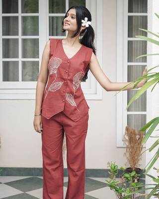 Elegance in Rust: Hand-Embroidered Floral Linen Co-Ord Set 2