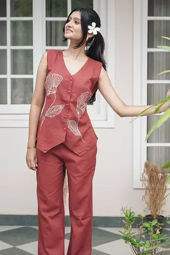 Elegance in Rust: Hand-Embroidered Floral Linen Co-Ord Set
