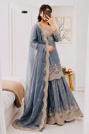 Designer short kurti & sharara set with scallop dupatta