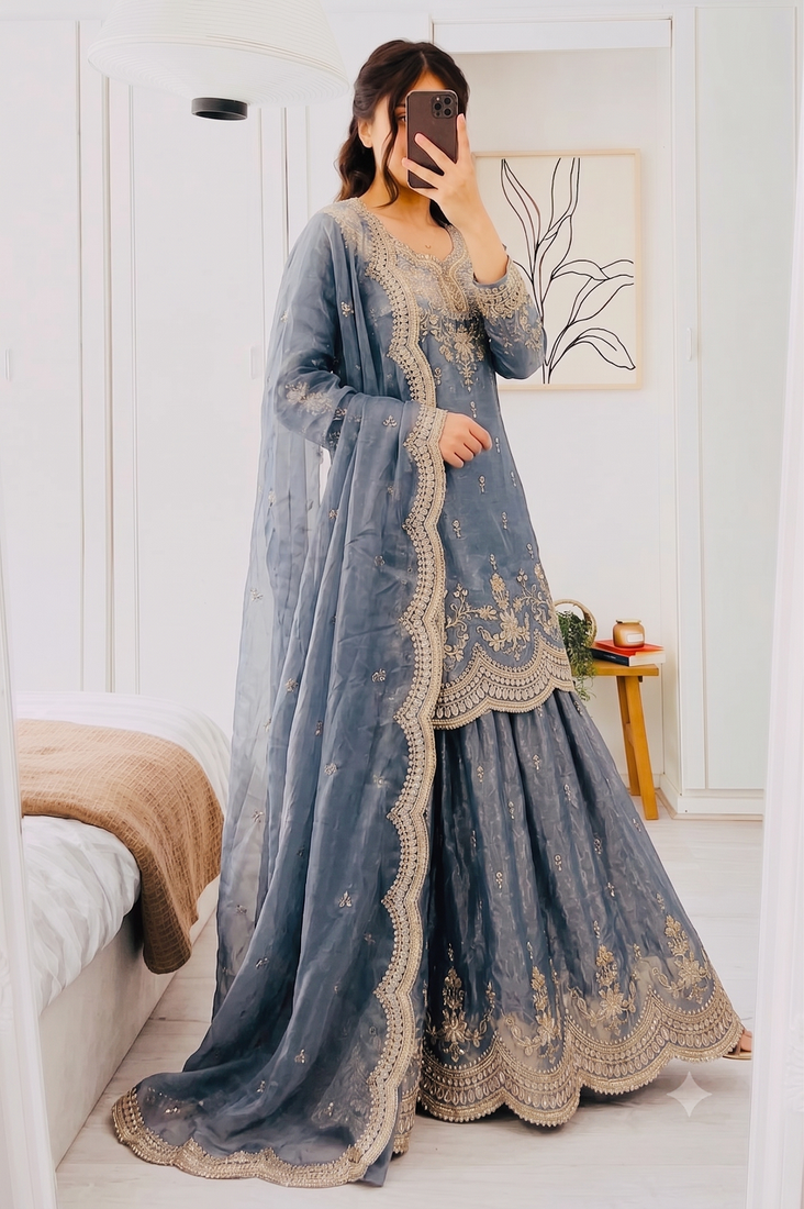 Designer short kurti & sharara set with scallop dupatta