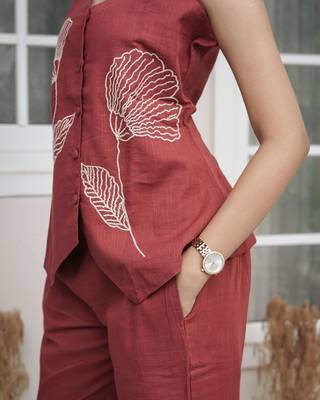 Elegance in Rust: Hand-Embroidered Floral Linen Co-Ord Set 3