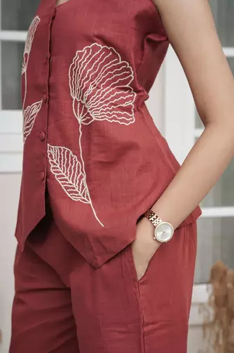 Elegance in Rust: Hand-Embroidered Floral Linen Co-Ord Set
