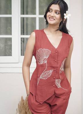 Elegance in Rust: Hand-Embroidered Floral Linen Co-Ord Set 4