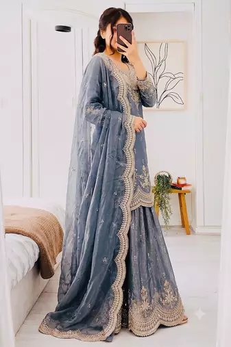 Designer short kurti & sharara set with scallop dupatta