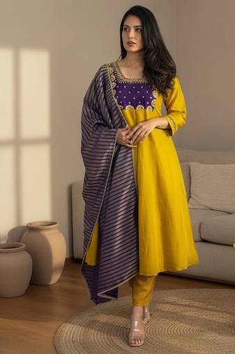 Women's Gorgeous Embroidery Work Chanderi Fabric Flared Kurta Pant and Dupatta Set