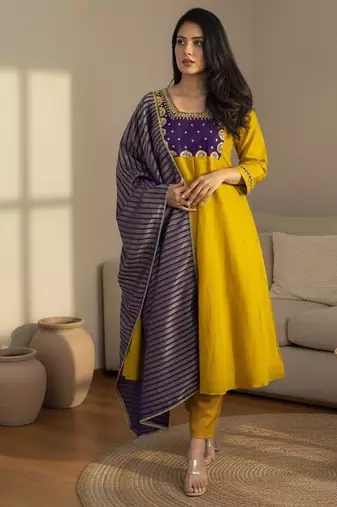 Women's Gorgeous Embroidery Work Chanderi Fabric Flared Kurta Pant and Dupatta Set