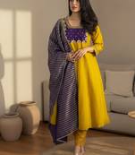 Women's Gorgeous Embroidery Work Chanderi Fabric Flared Kurta Pant and Dupatta Set