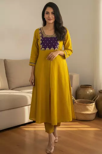 Women's Gorgeous Embroidery Work Chanderi Fabric Flared Kurta Pant and Dupatta Set