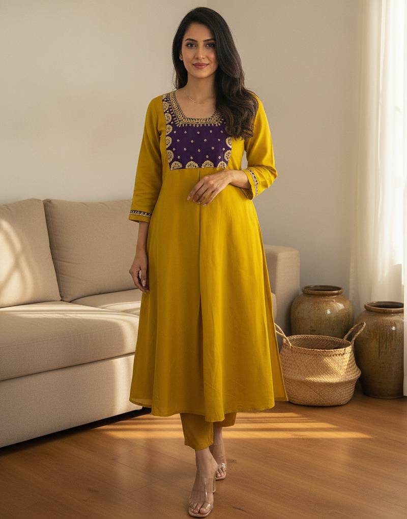 Women's Gorgeous Embroidery Work Chanderi Fabric Flared Kurta Pant and Dupatta Set