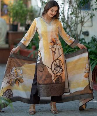 Women Printed Regular Thread Work Kurta with Trousers & With Dupatta 5