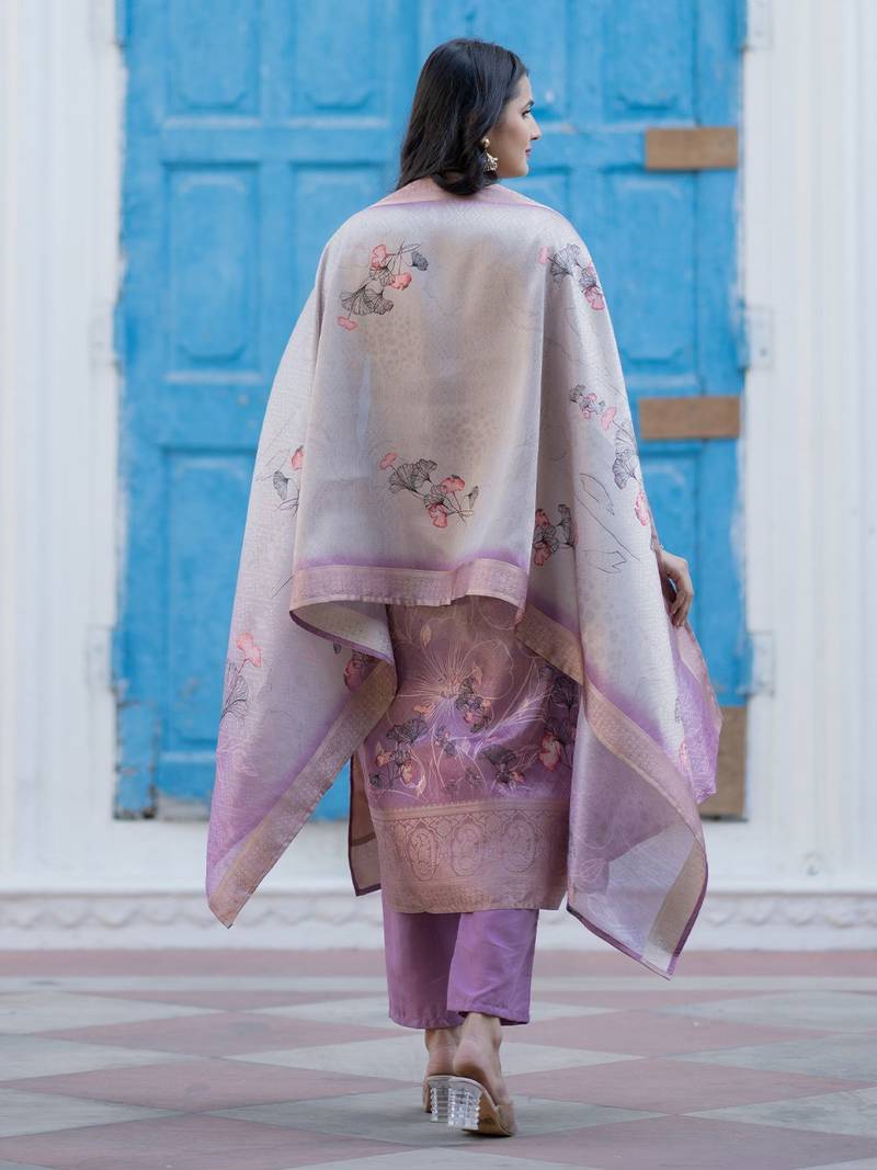 Women Floral Printed Regular Thread Work Kurta with Trousers & With Dupatta