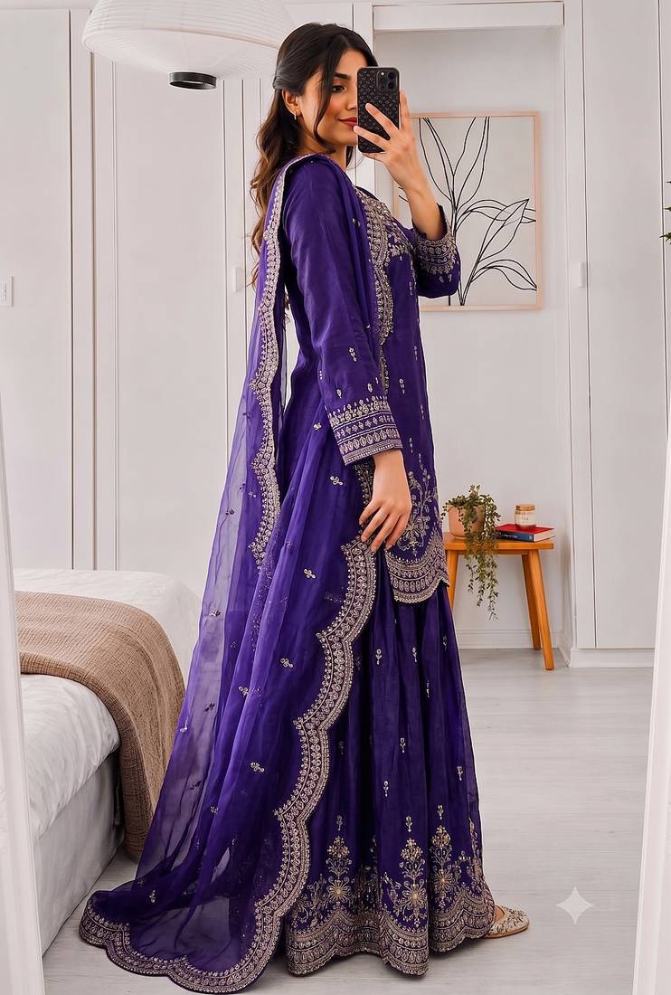 Designer short kurti & sharara set with scallop dupatta