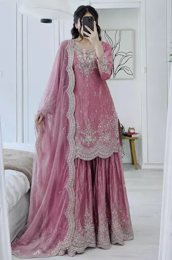 Designer short kurti & sharara set with scallop dupatta