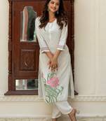 Women Floral Printed Regular Thread Work Pure Silk Kurta with Trousers