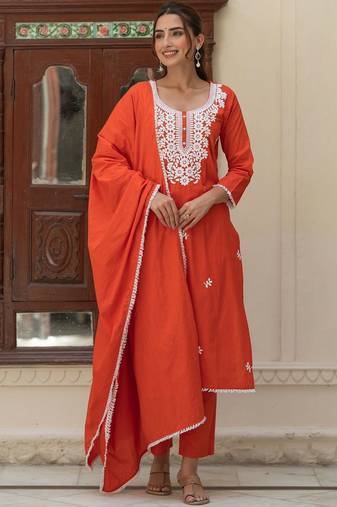 Women Ethnic Motifs Embroidered Regular Thread Work Pure Cotton Kurta with Trousers & With Dupatta