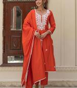 Women Ethnic Motifs Embroidered Regular Thread Work Pure Cotton Kurta with Trousers & With Dupatta