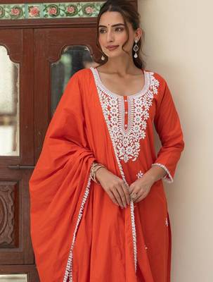 Women Ethnic Motifs Embroidered Regular Thread Work Pure Cotton Kurta with Trousers & With Dupatta 2