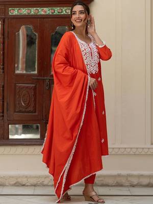Women Ethnic Motifs Embroidered Regular Thread Work Pure Cotton Kurta with Trousers & With Dupatta 3
