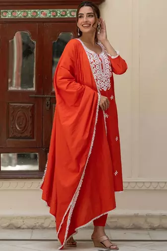 Women Ethnic Motifs Embroidered Regular Thread Work Pure Cotton Kurta with Trousers & With Dupatta
